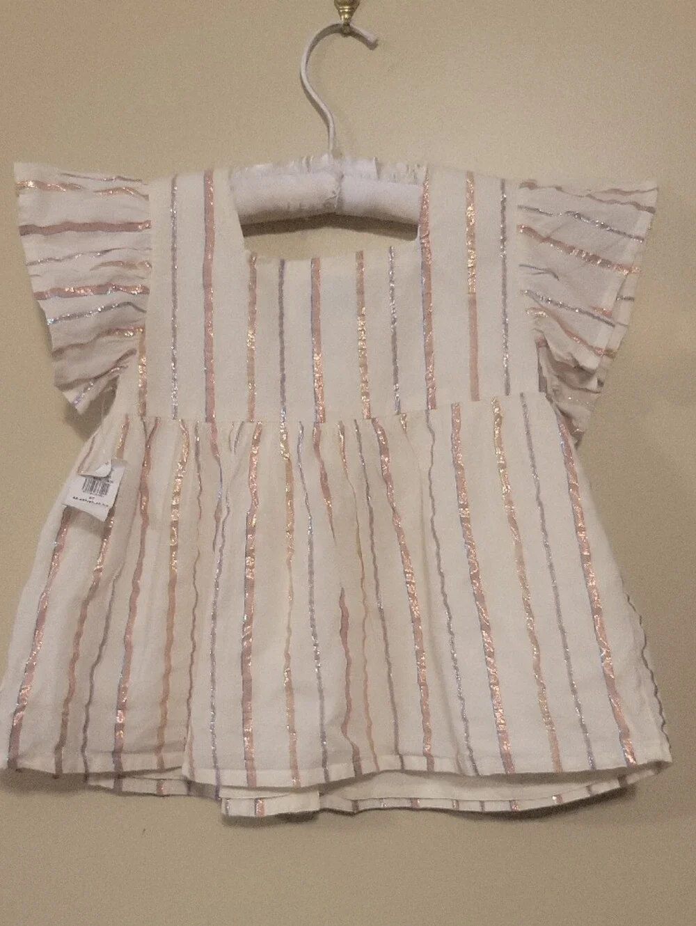 Pretty Old Navy White Flutter Sleeve Metallic Stripe Blouse